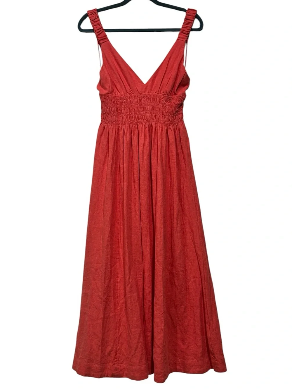 NWT Abercrombie Boho Summer Coral Smocked Linen Scrunchie Strap Maxi Dress XS
